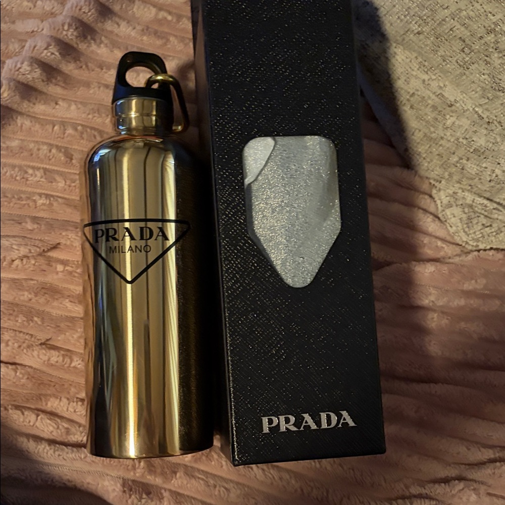 Prada Gold Stainless Steel Bottle with Black Cap and Carabiner